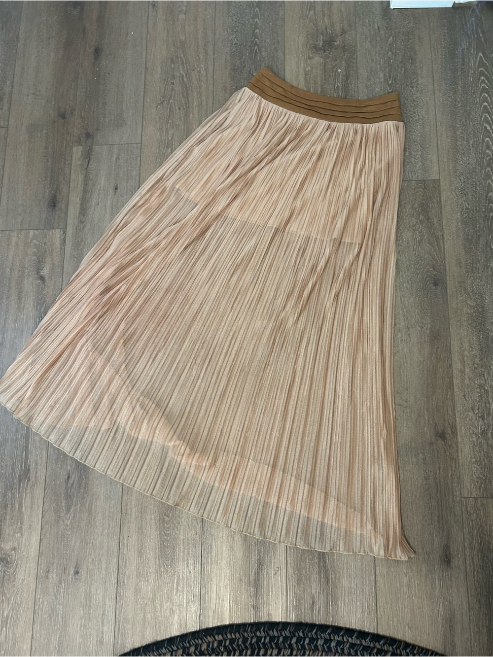 Double Zero Gold Pleated Maxi Skirt with Tan Waistband